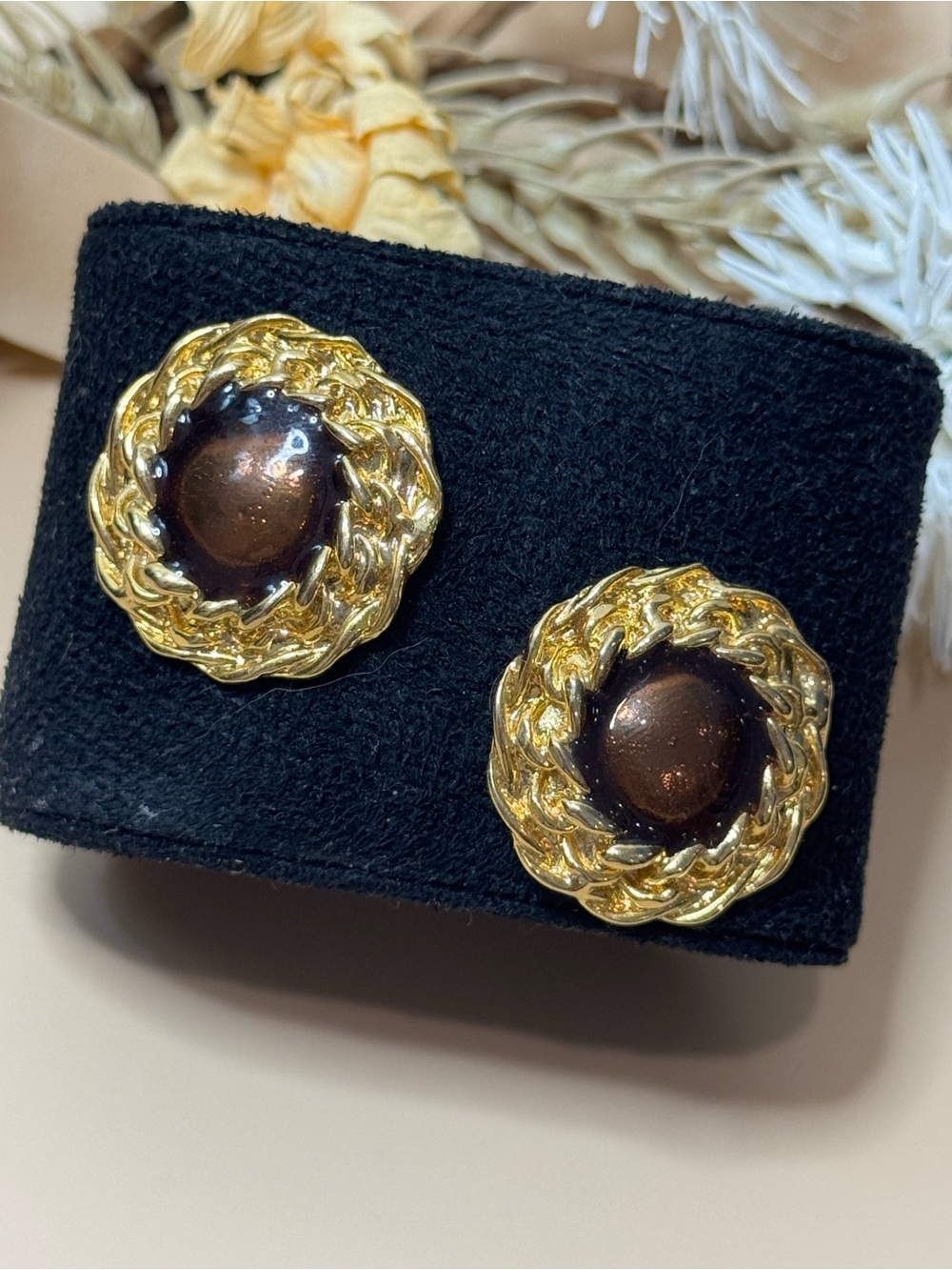 Vintage Gold Tone Brown Cabochon Statement Stud Earrings